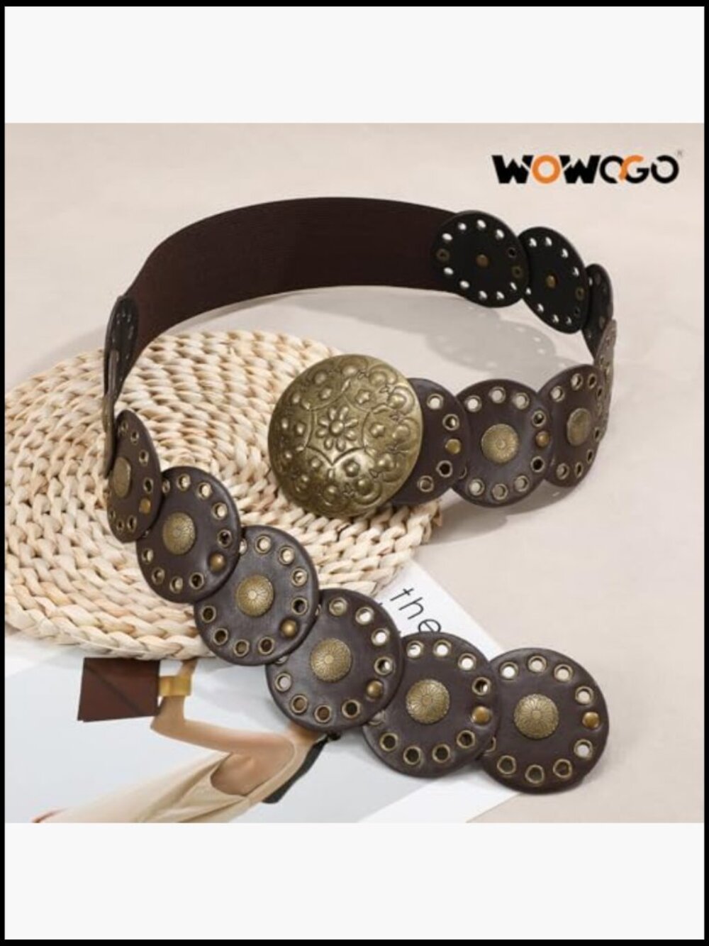 Western Boho Chunky Cowgirl Disc Belt Wide Leather Elastic Waist Hip - Picture 4 of 7